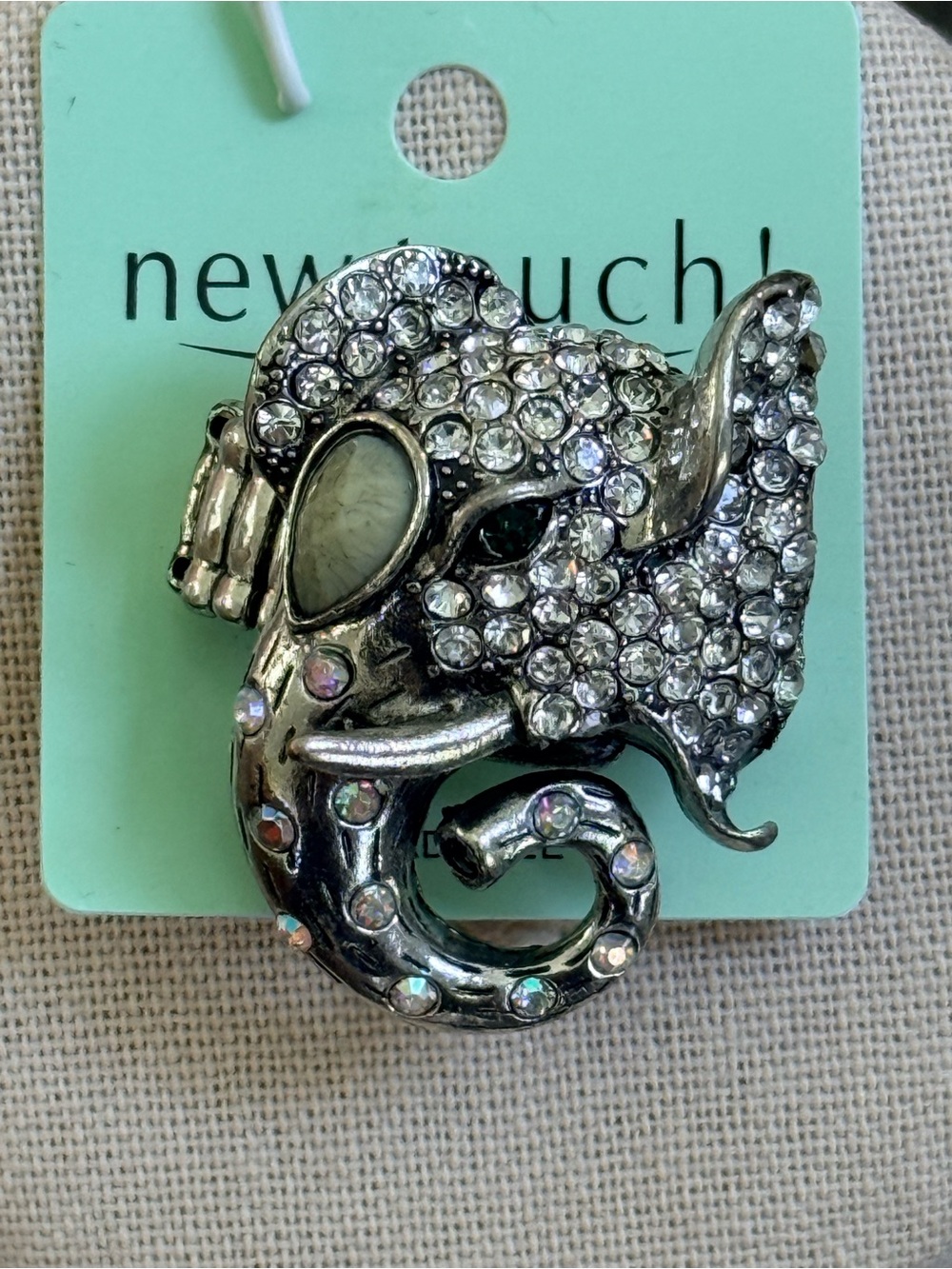 Silver Tone Elephant Ring Rhinestone Stretch One Size